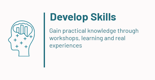 Graphic with the text: Develop Skills Gain practical knowledge through workshops, learning and real experiences