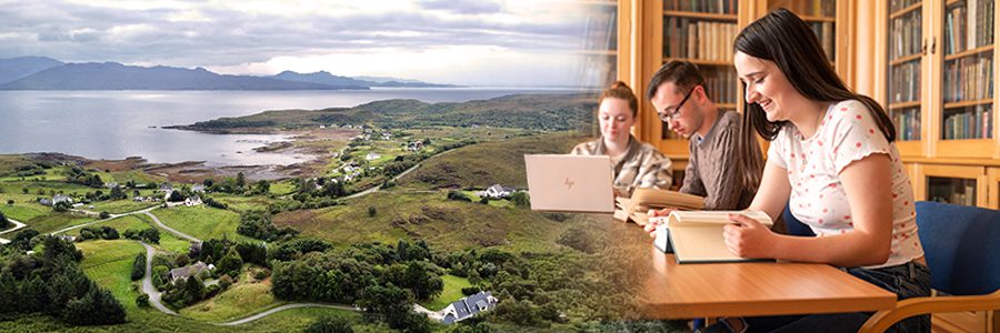 Ariel view of Sleat and students in the Sabhal Mòr Ostaig Library